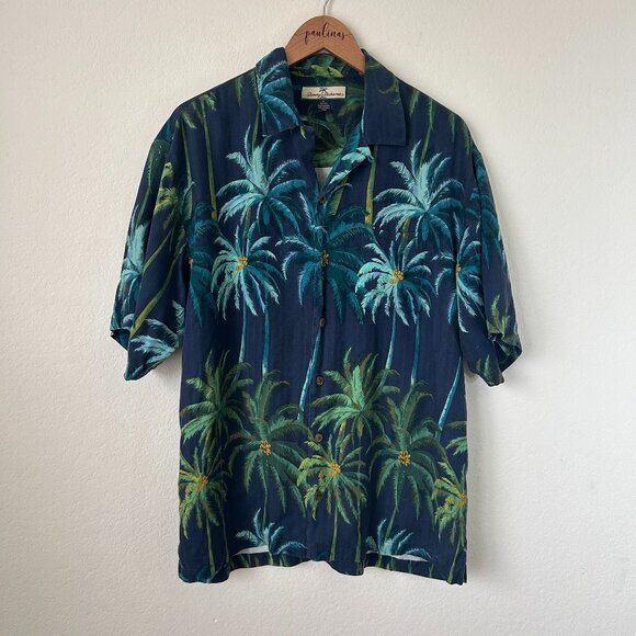 Tommy Bahama Shirt Mens Medium Navy Blue Tropical Hawaiian Silk Palm Tree Print - Picture 1 of 8